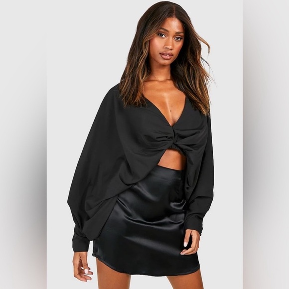 Black Ruched Satin Tie Front Long Sleeve Blouse - Picture 9 of 9